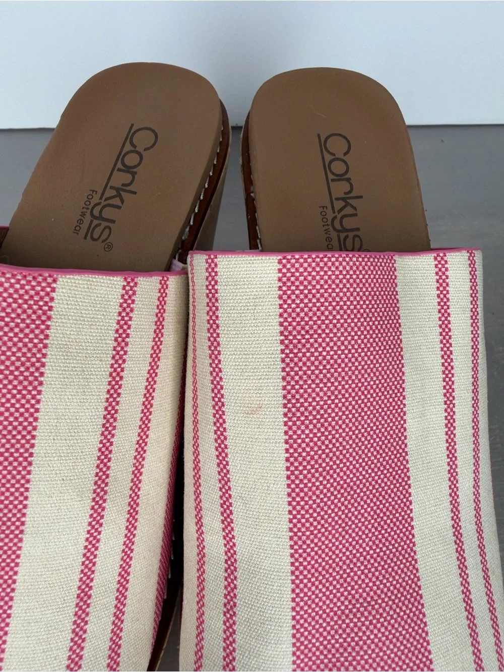 Corkys Pink and Cream Striped Cork Wedge Slides